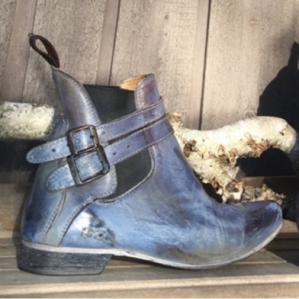 BED STU Boots Rare RAVINE Booties Blue Leather Buckles Elastic Size 8 - Picture 5 of 12